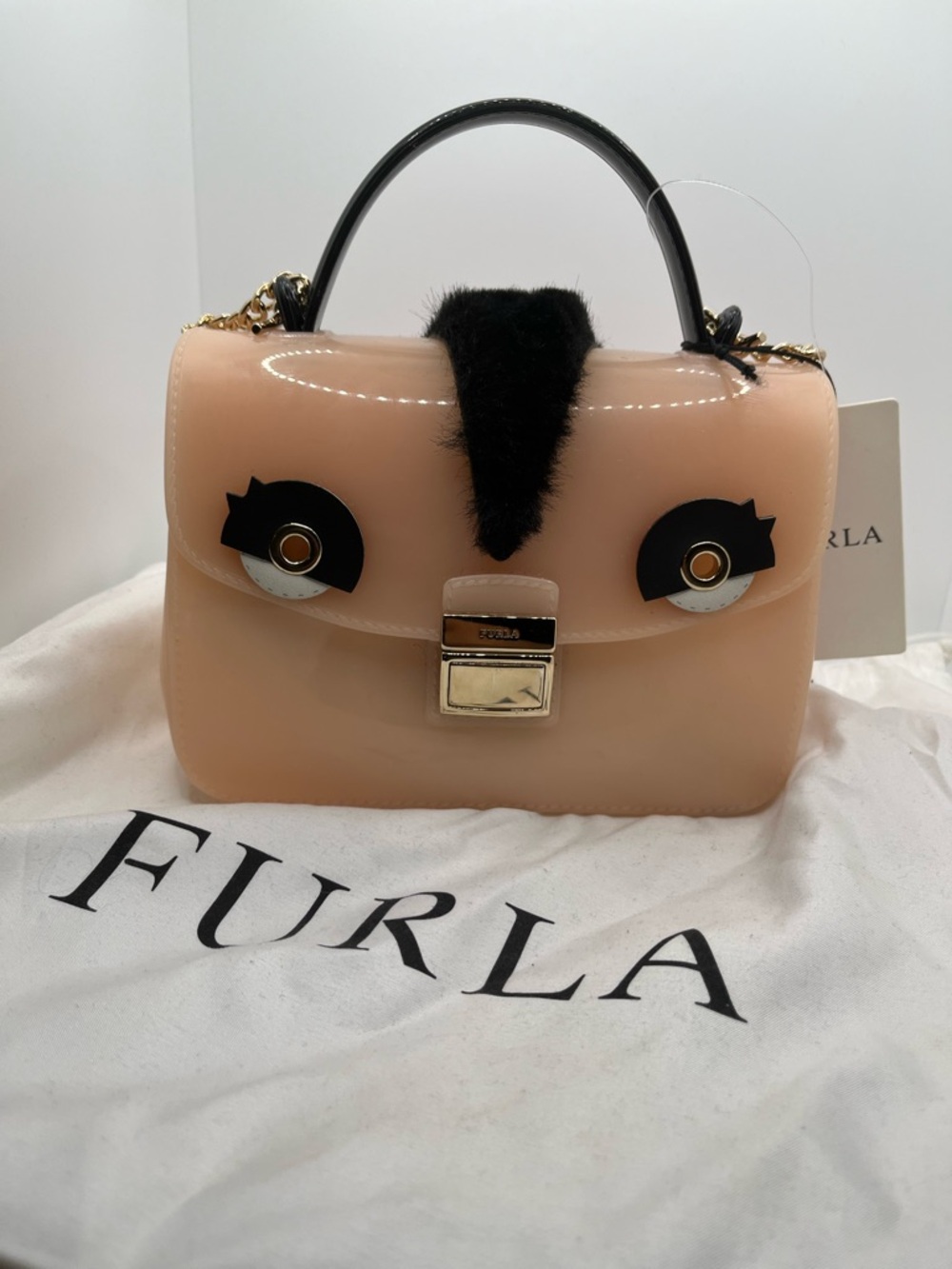 Furla Pale Pink Glossy Top-Handle Satchel with Black Accents